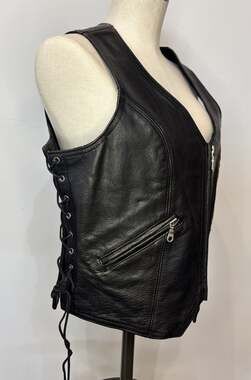 Vintage Bikers Choice Leather Biker Vest Large Black Zipper Front - Ties On Side